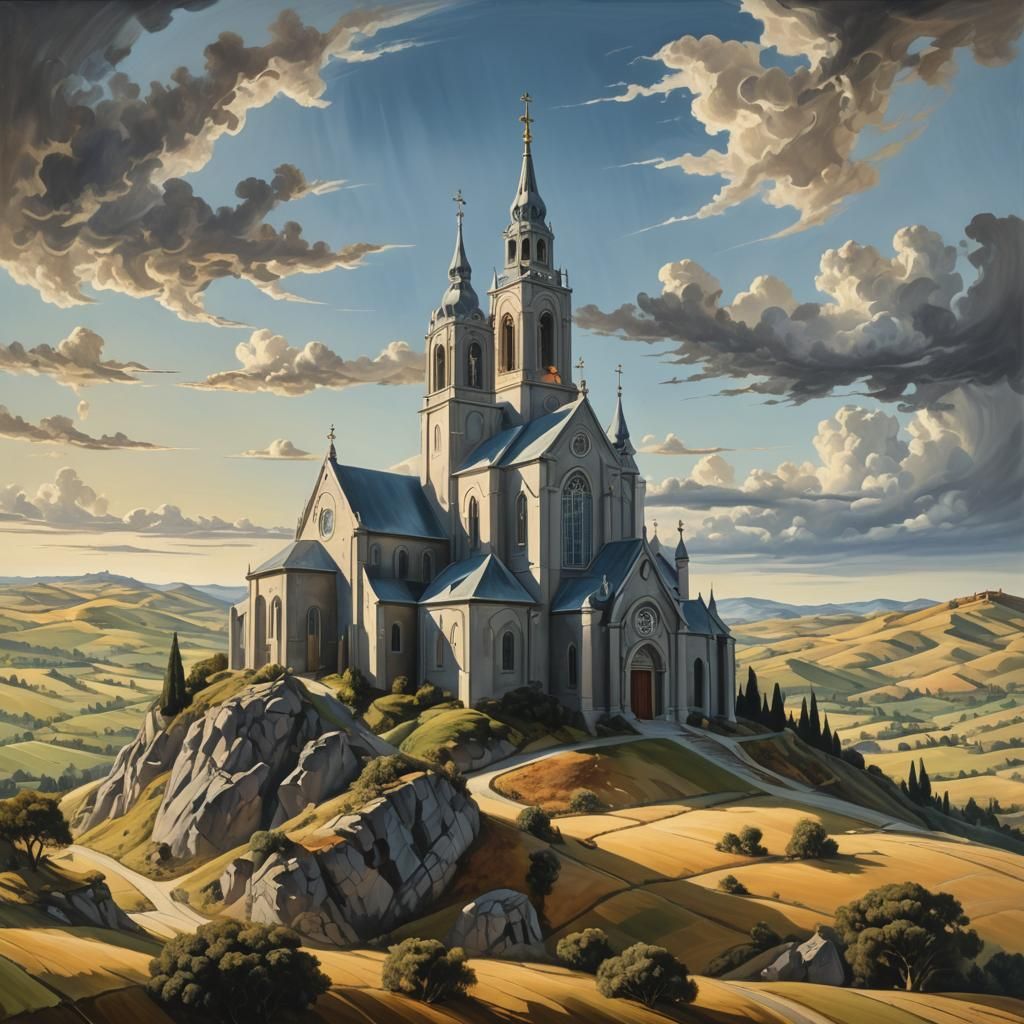 Surreal Catholic Church in Dreamlike Landscape