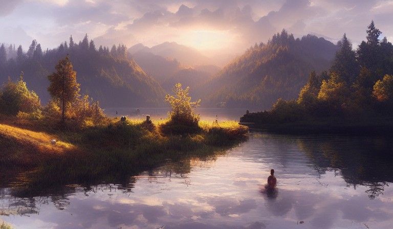 Idyllic Lakeside Village in Photorealistic Digital Art