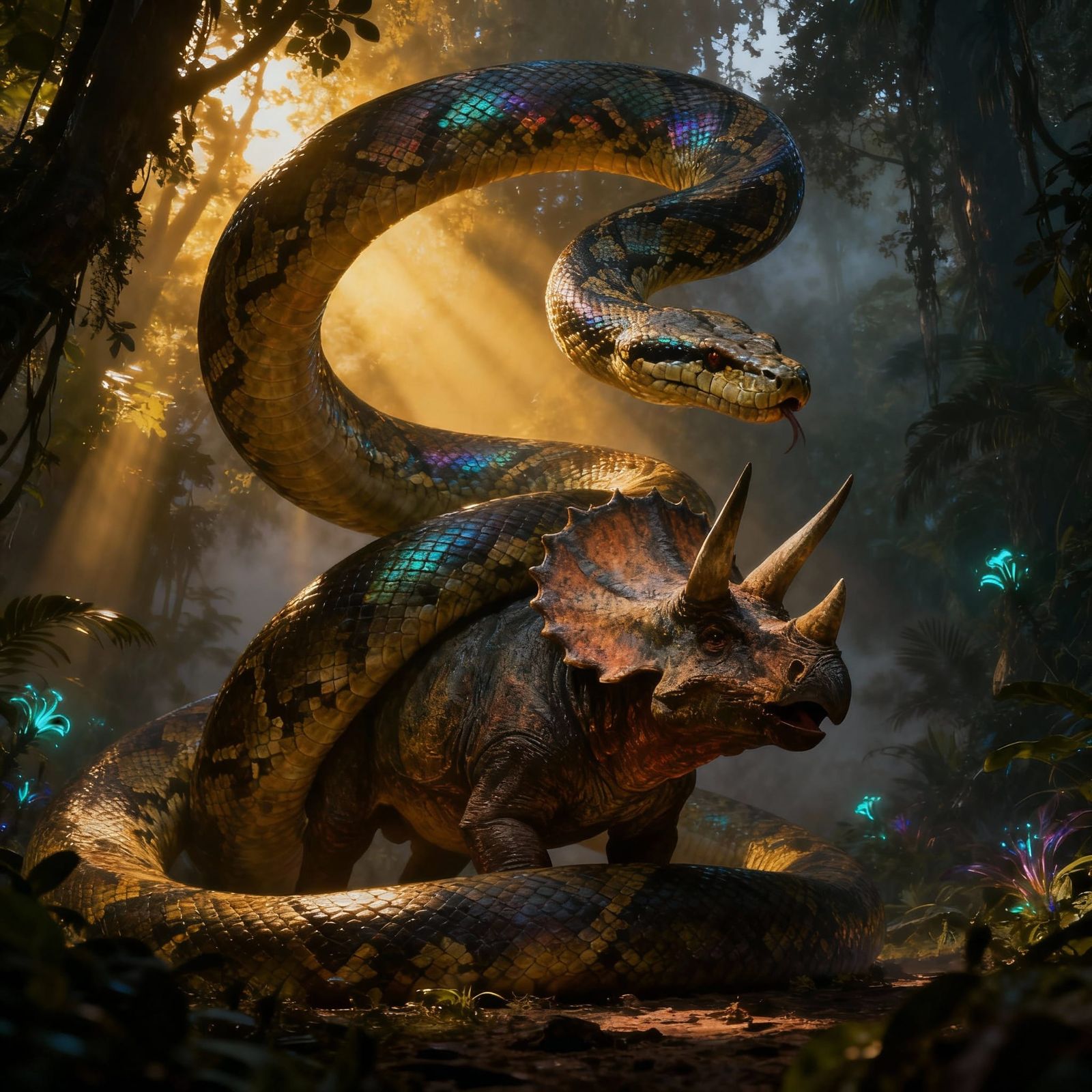 Colossal Titanoboa Coiled Around Triceratops