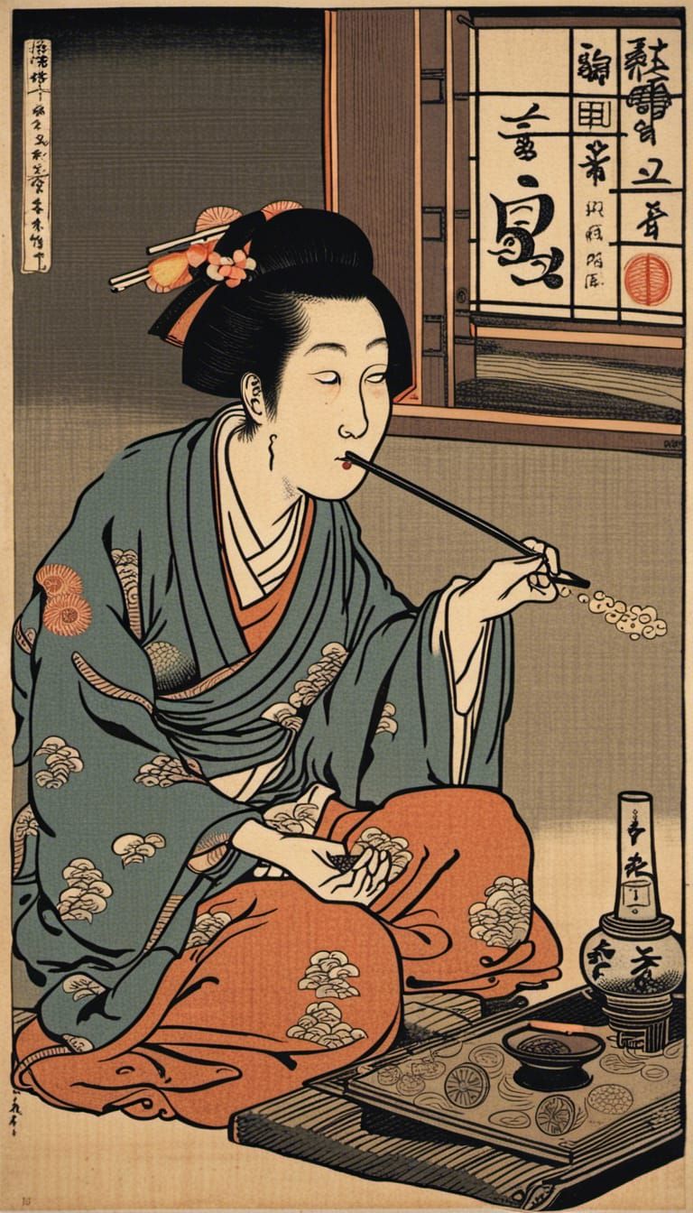 Opium Smoker in Japanese Woodcut Style