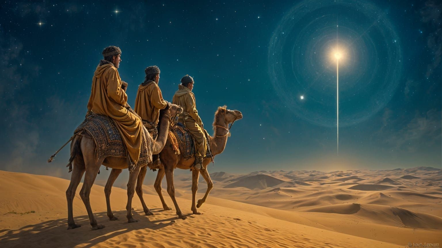 Three Persian Sages Ride Camels under a Starlit Desert Night...