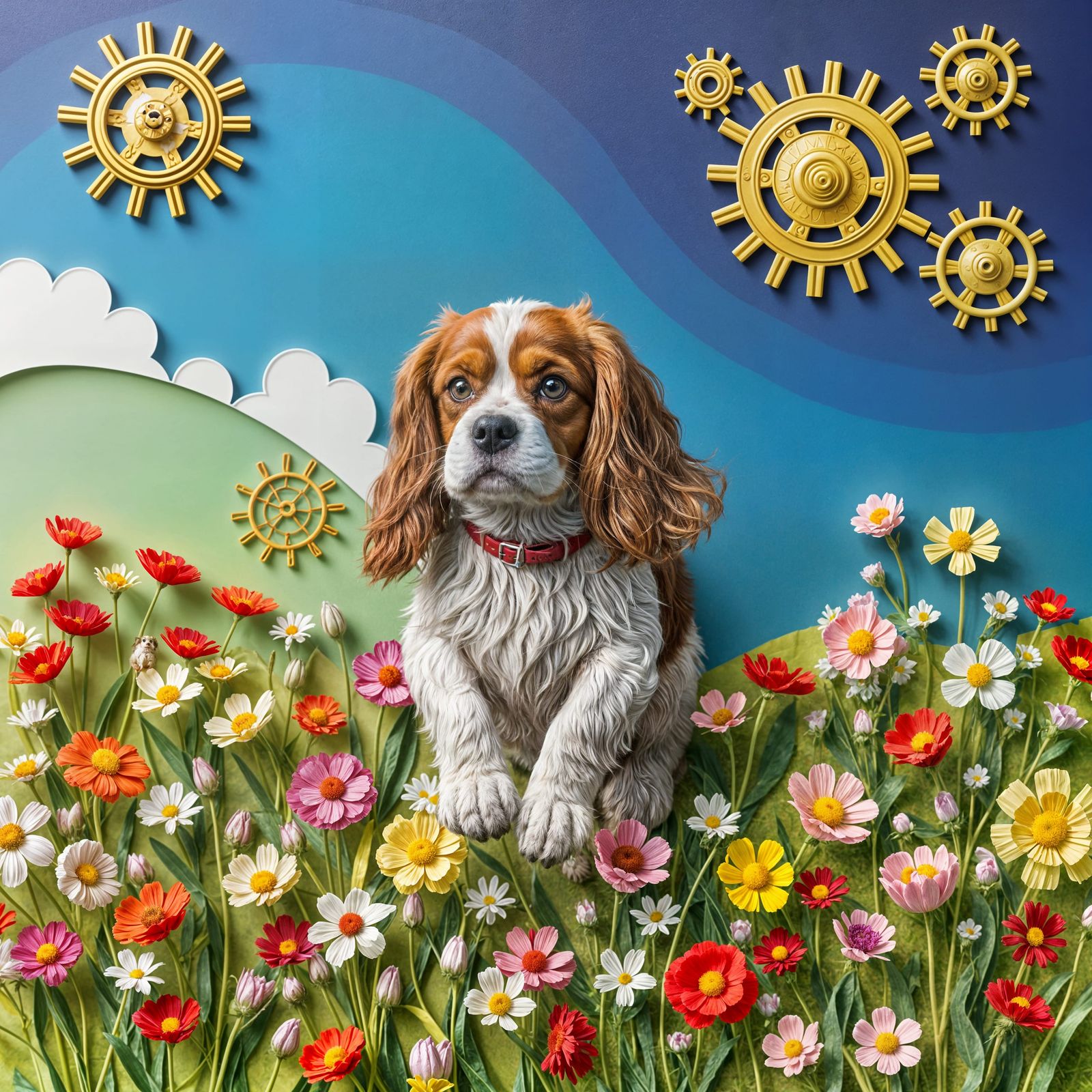 Victorian Papercraft Spaniel in Retro-Futuristic Landscape