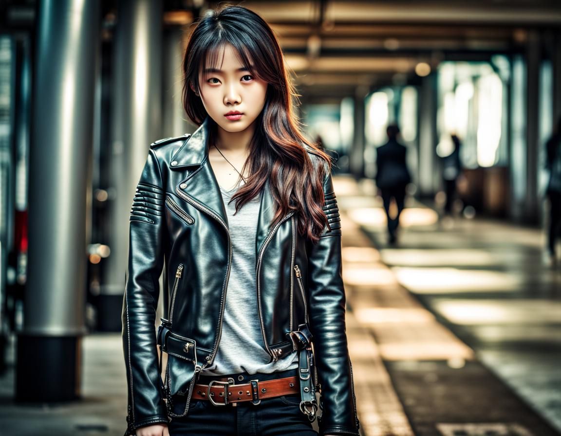 Hyperrealistic Korean Girl Portrait in Leather Jacket