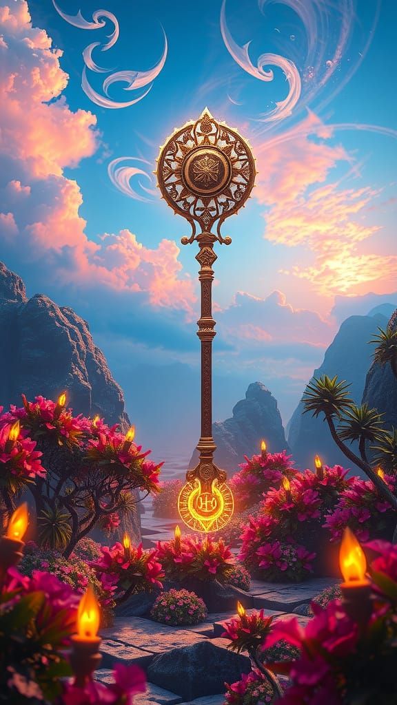 Surreal Alchemy Landscape with Majestic Staff in Dreamlike A...