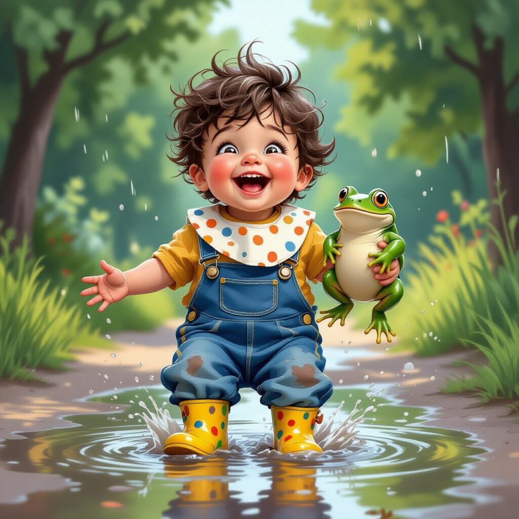 Mischievous Boy Stomping in Puddle: Cartoon Realism