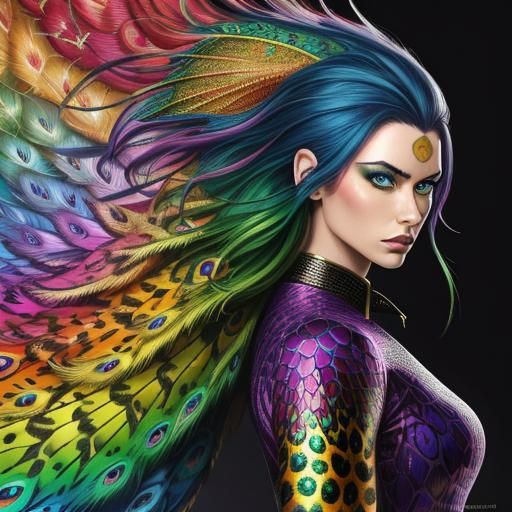 Woman with Dragon Scales and Peacock Hair, Comic Book Art