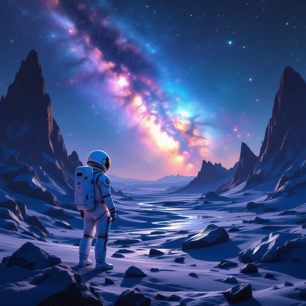 Astronaut on Crystal Planet Gazing at Nebula