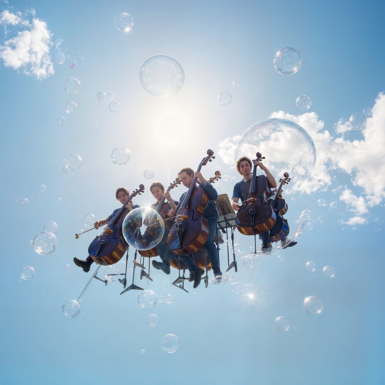 Orchestra in Iridescent Bubbles Reflecting Sunlight