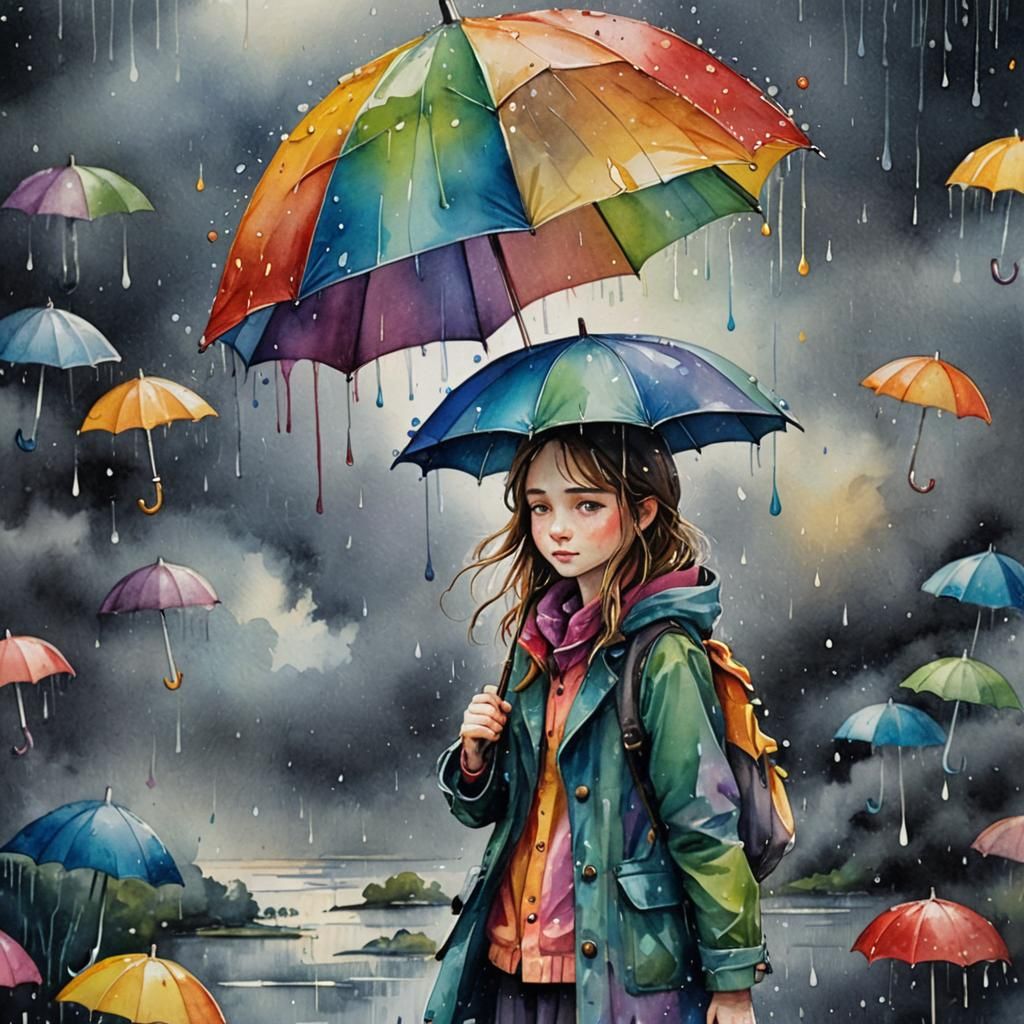 Girl with Rainbow Umbrella: Agnes Cecil Watercolour