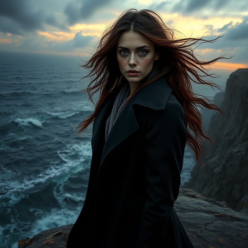 Ethereal Woman Stands on Cliff's Edge, Beset by Turbulent Em...