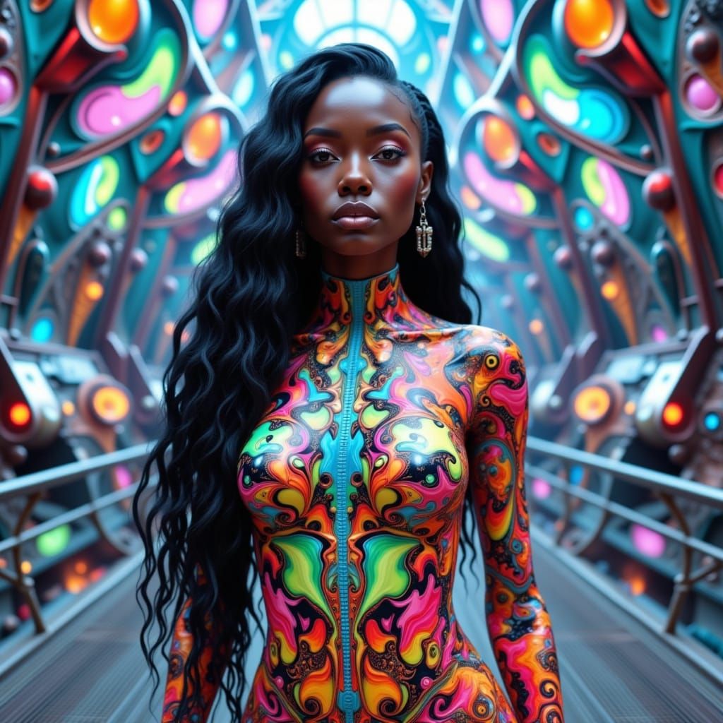Stunning African Woman in Futuristic Bodysuit in Vibrant Cit...