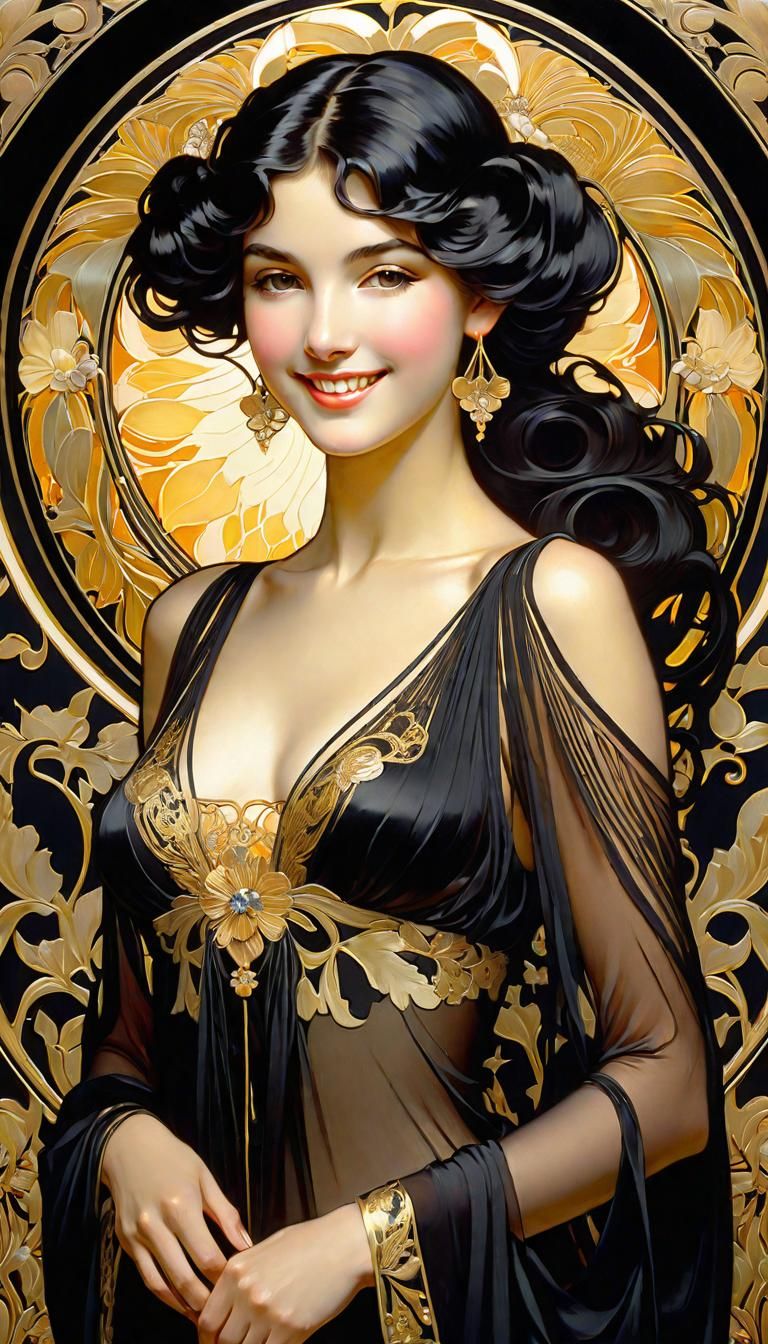 Art Nouveau Woman in Black and Gold Filigree