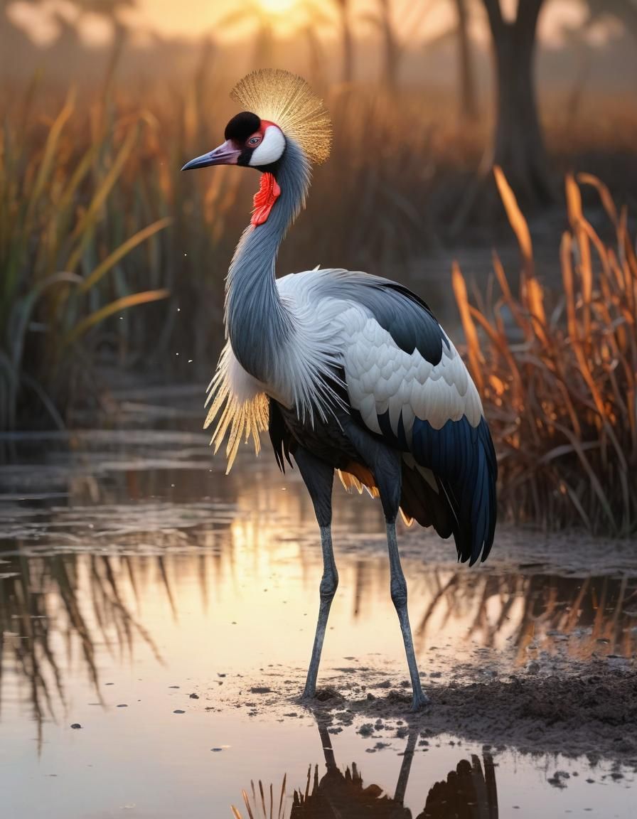 Crowned Crane in Wetland Habitat: A Digital Painting