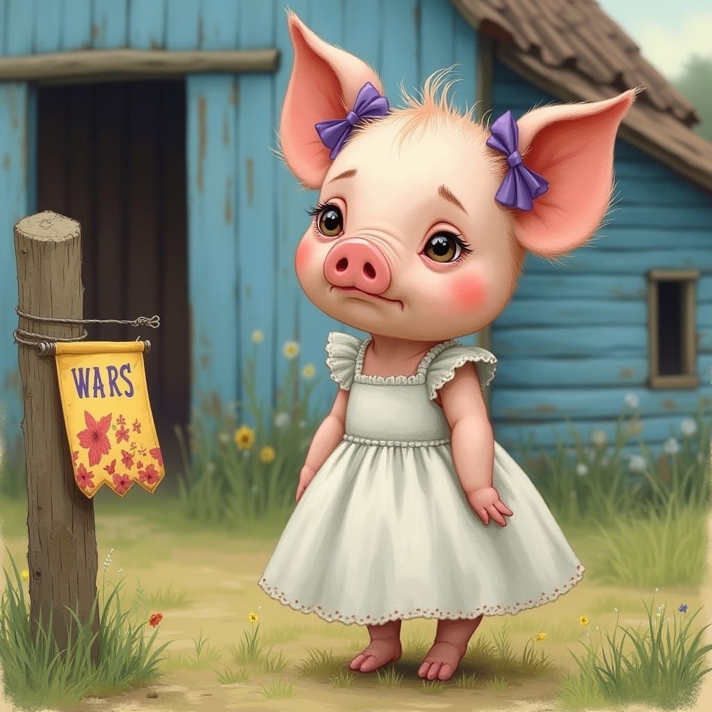Sad Girl Pig in Storybook Style