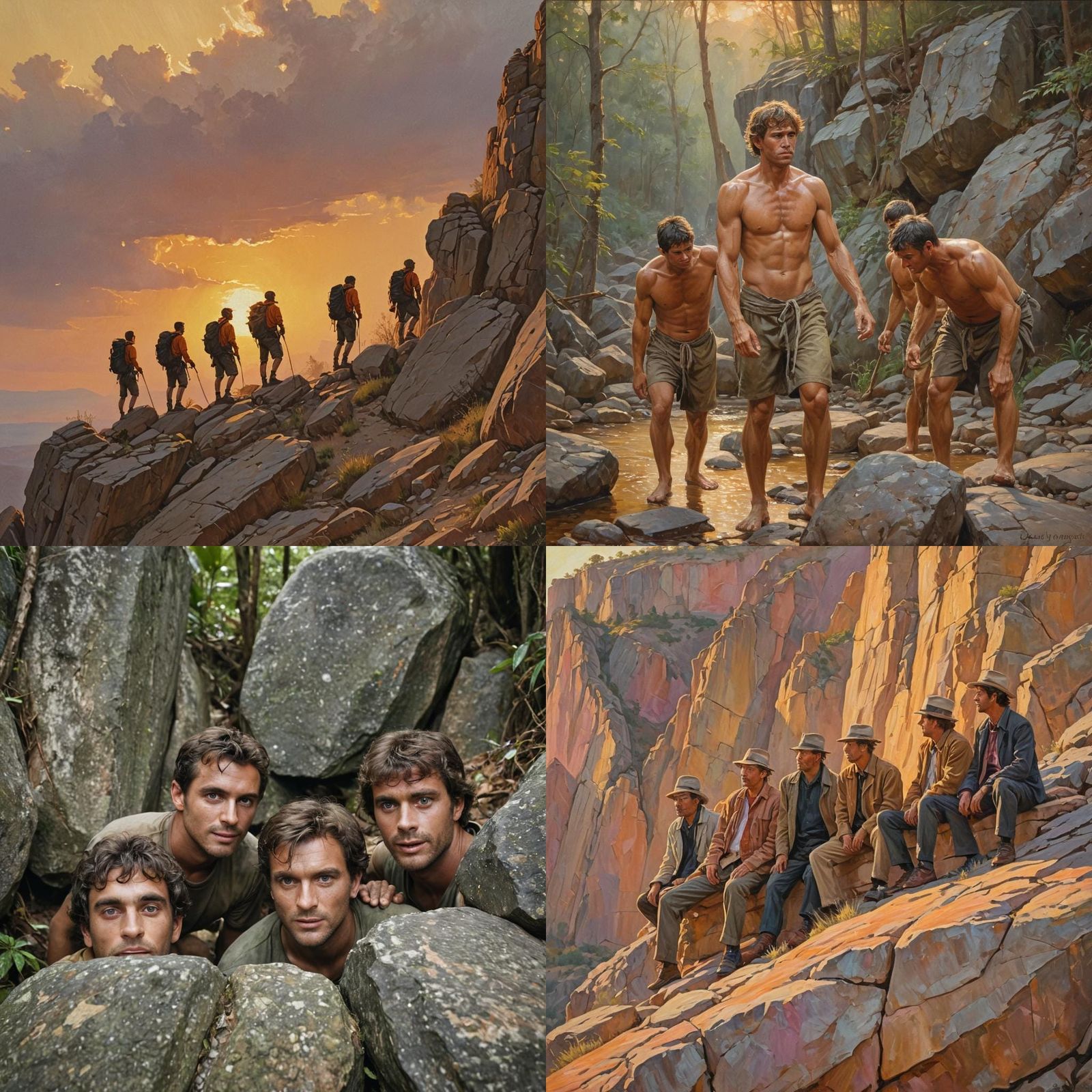 Men in Stone Jungle Gaze at Sunset Horizon