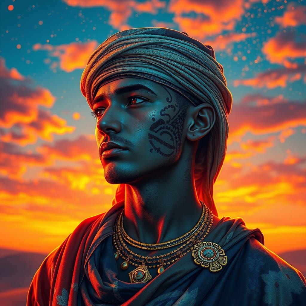 Cyberpunk Desert Nomad Portrait in Shibori-Inspired Holograp...