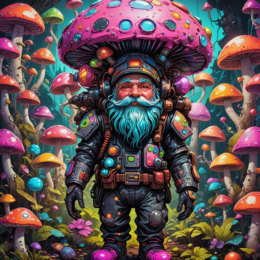 Mech suit mushroom person, neon, flourescent, surreal, beard...