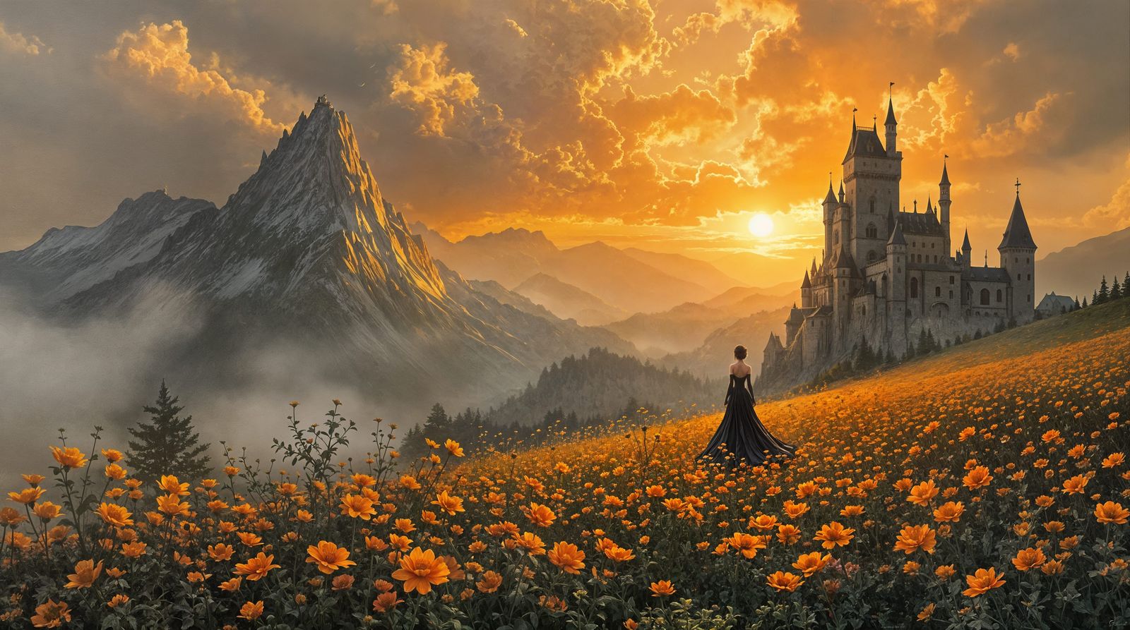 Impressionistic Sunset Castle Scene with Woman in Black Gown