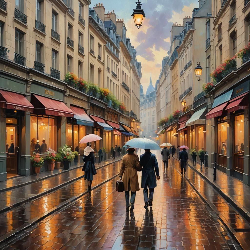 Parisian Street Scene After Rain: Hyperrealistic Oil Paintin...