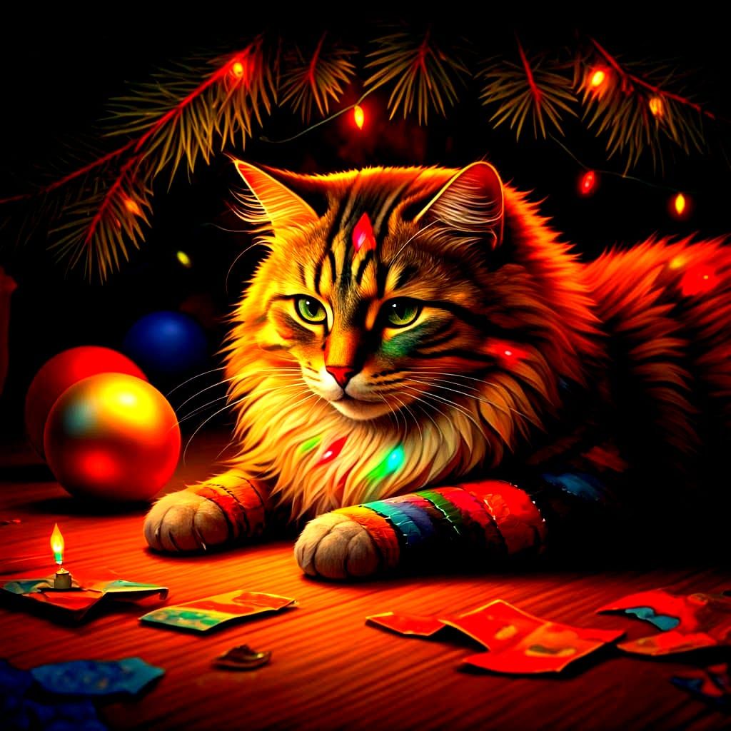 Glimmering Feline Amidst a Whimsical Christmas Scene