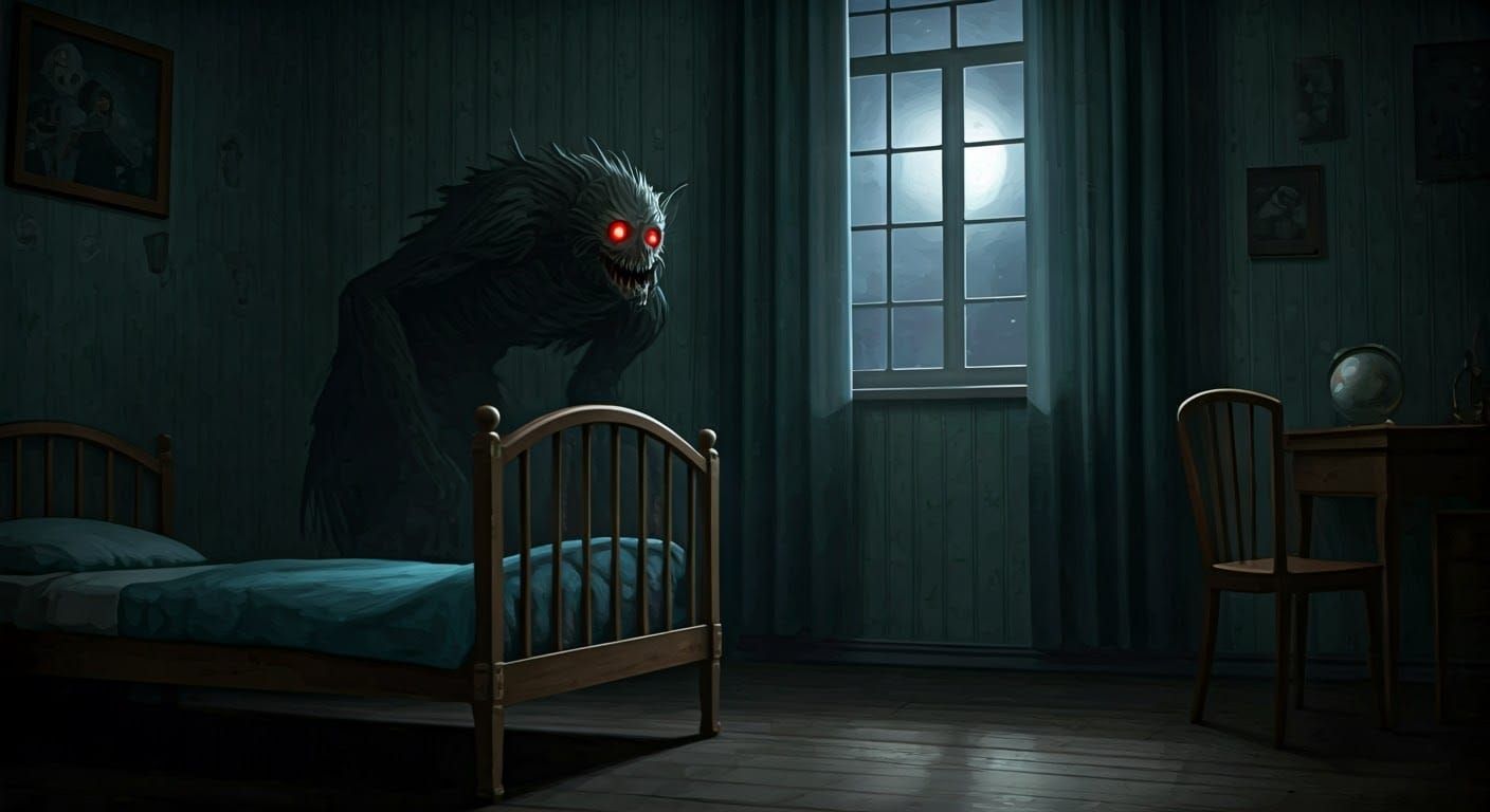 Menacing Creature in Child's Bedroom, Dark Fantasy
