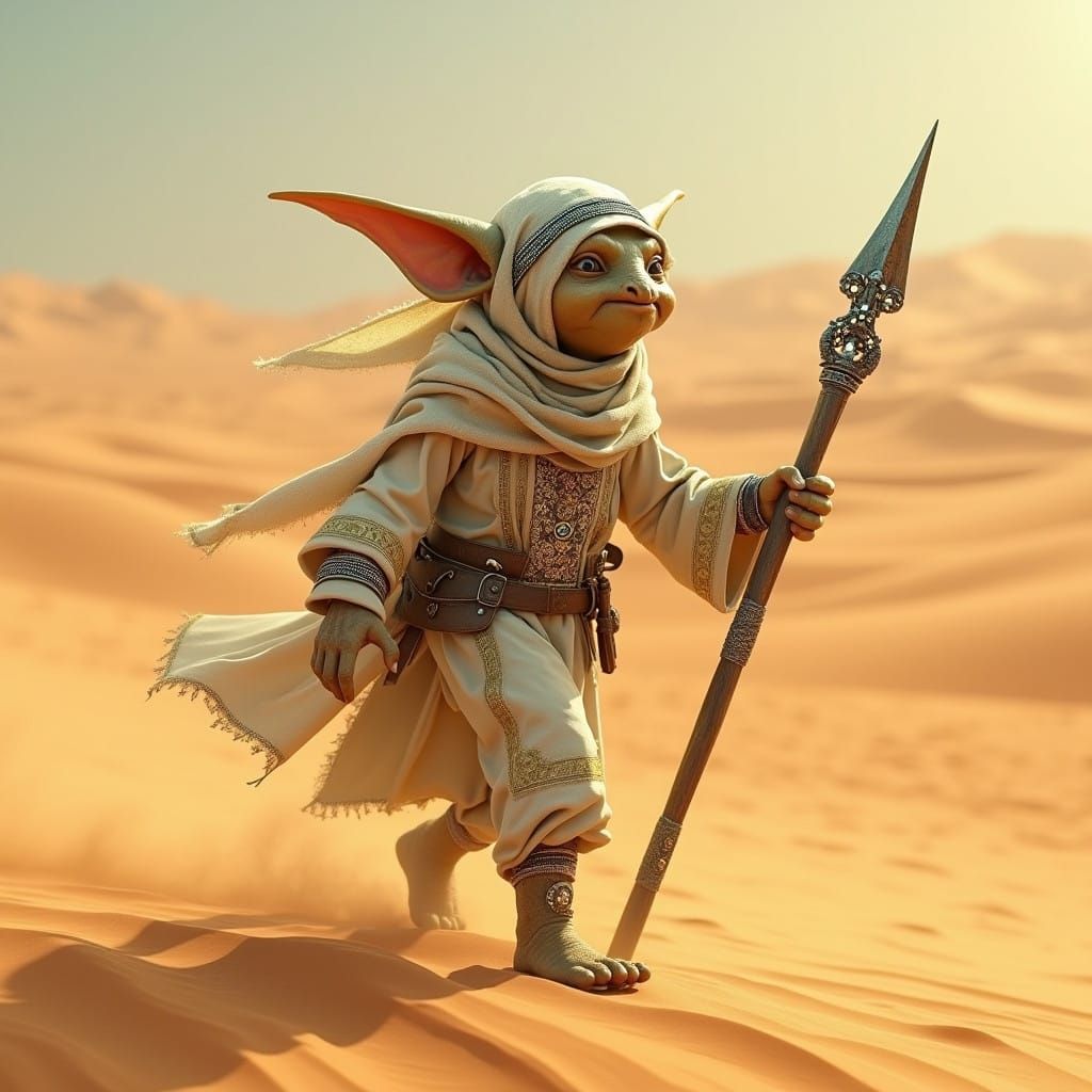 Goblin Adventurer in Arabian Attire Embarks on Desert Quest