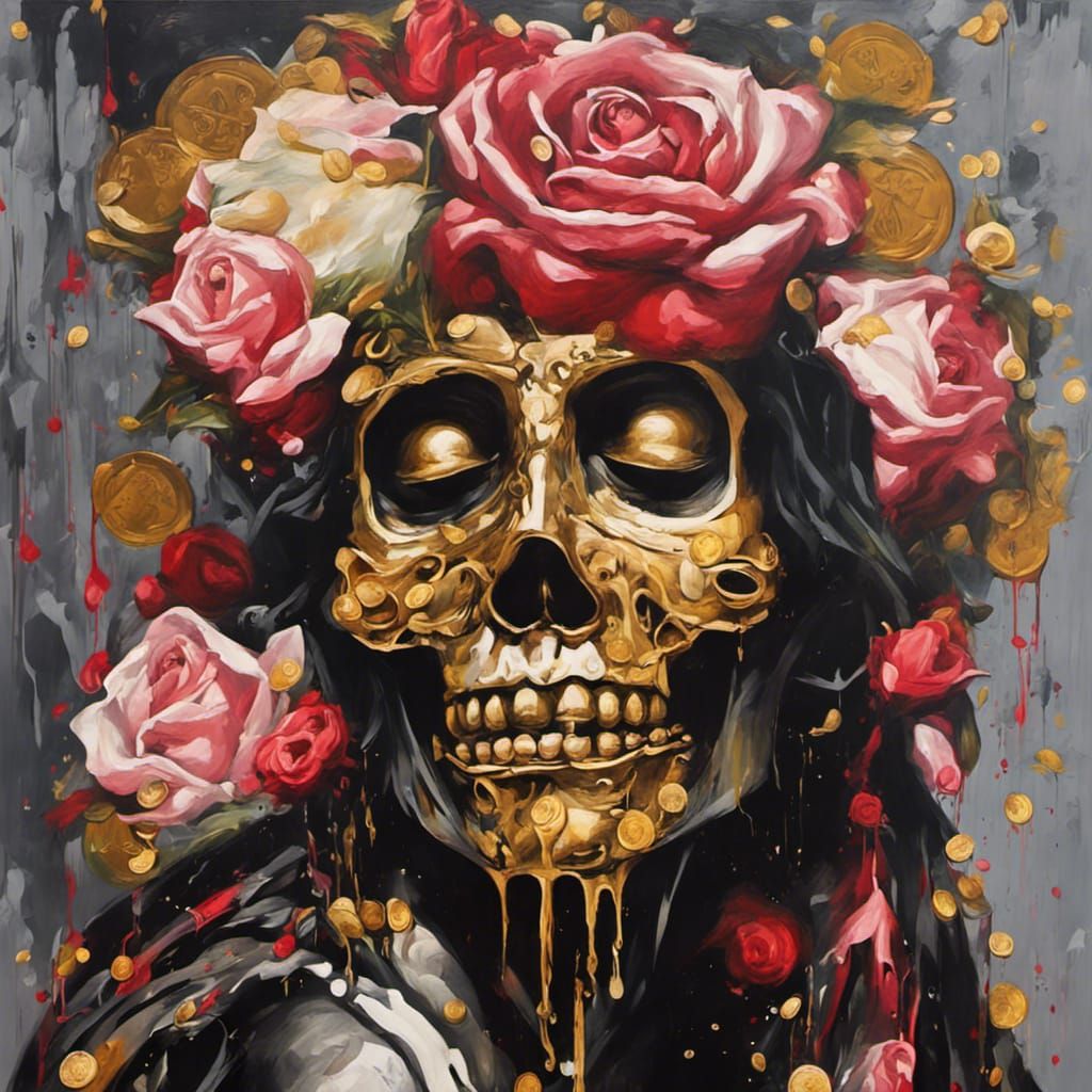 Oil painting in the style of Caravaggio, highly detailed, elegant Santa Muerte encircled by roses and gold coins.