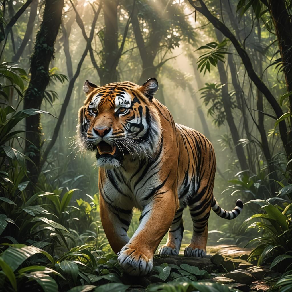 Majestic Tiger Prowling Through Jungle at Dawn