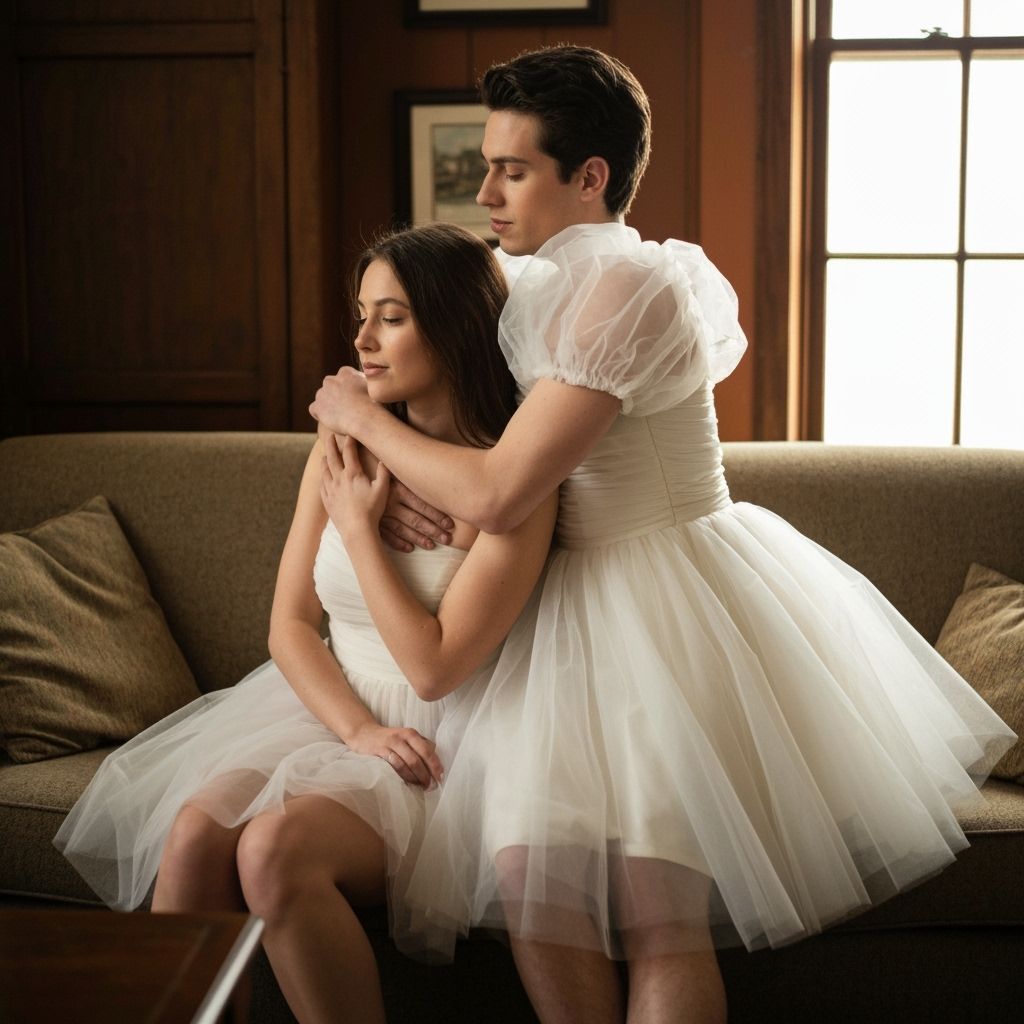 Guy in Bridesmaid Dress Hugs Girlfriend on Sofa