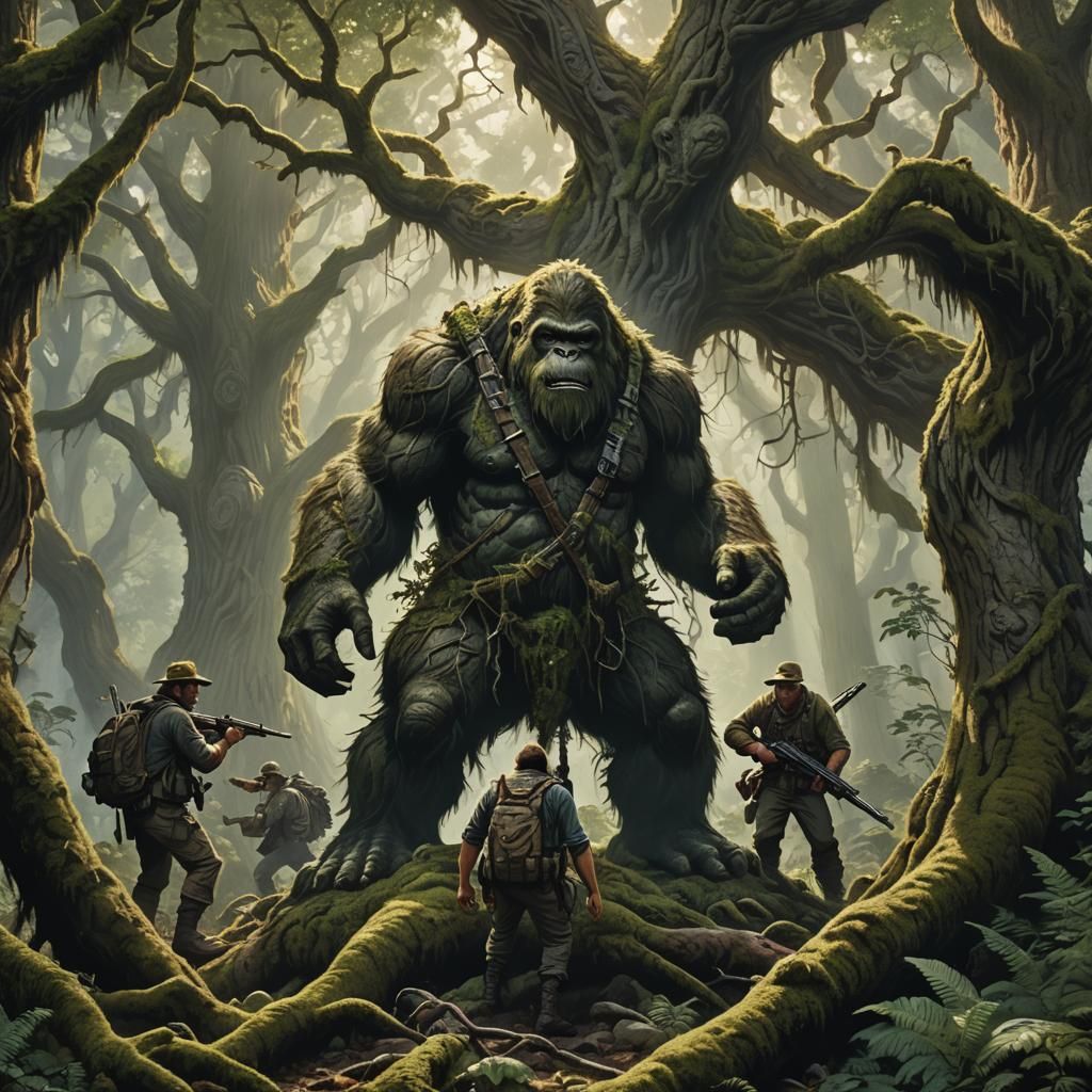 Bigfoot Watches Hunters in Misty Forest