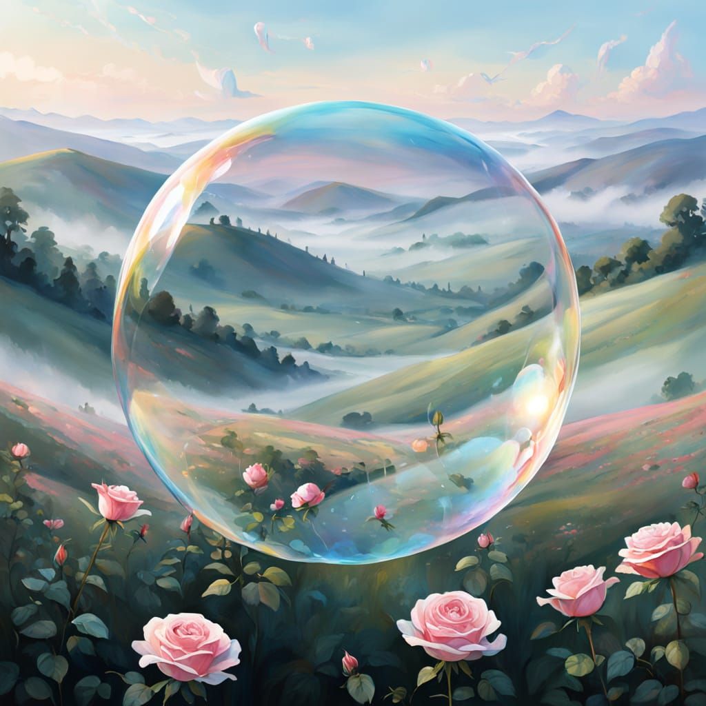 Iridescent Soap Bubble With Rose Over Misty Landscape Illust...