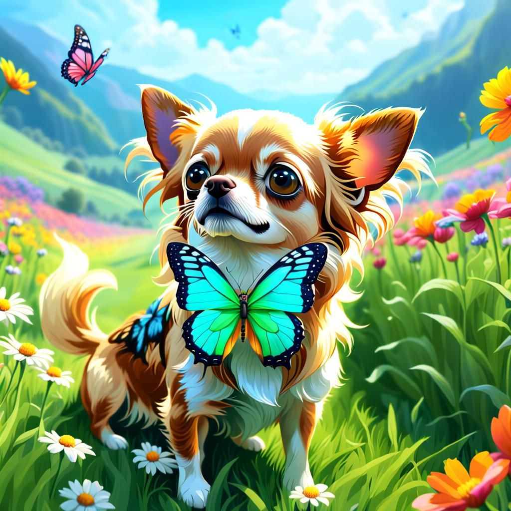 Chihuahua with Butterfly in Detailed Matte Painting