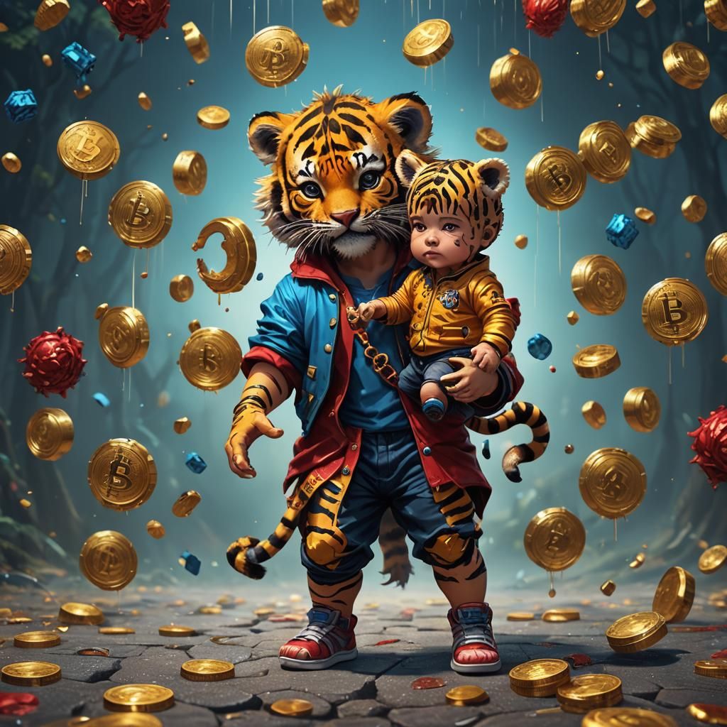Tiger-Headed Baby Boy Holding Bitcoin: 3D Render