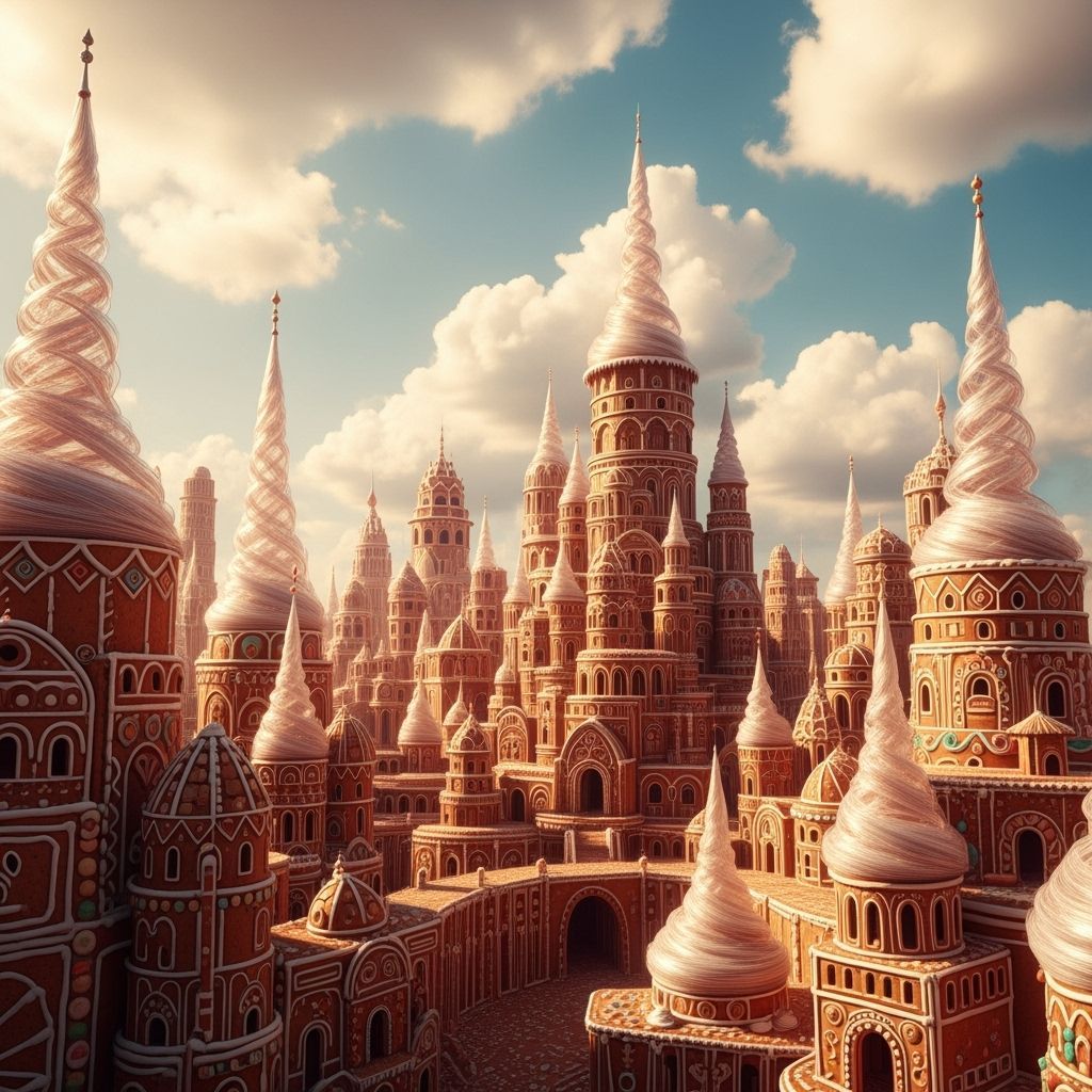 Whimsical Gingerbread City Under Marshmallow Clouds