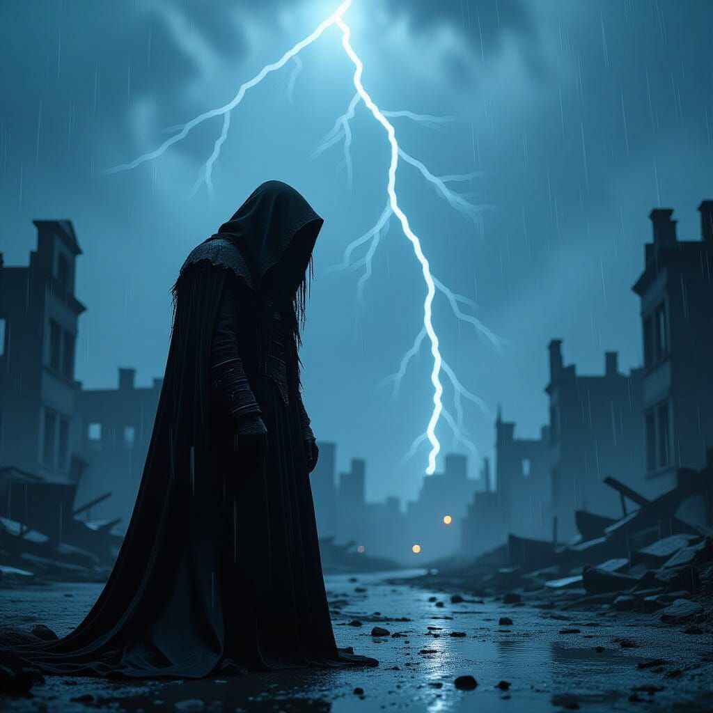 Demonic Figure in Ruined City, Dark Fantasy Style