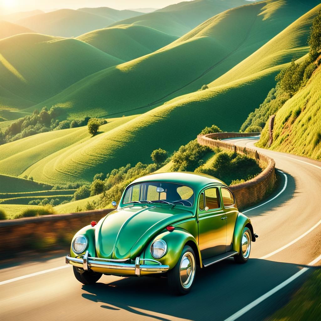 Vintage Volkswagen Beetle in Retro Car Ad