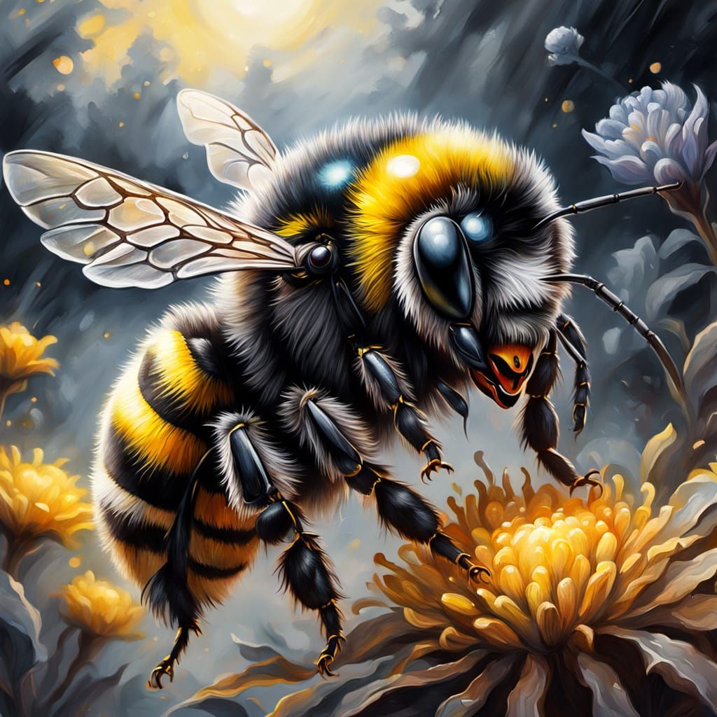 Bumblebee in Ethereal Gouache Style Charcoal Drawing