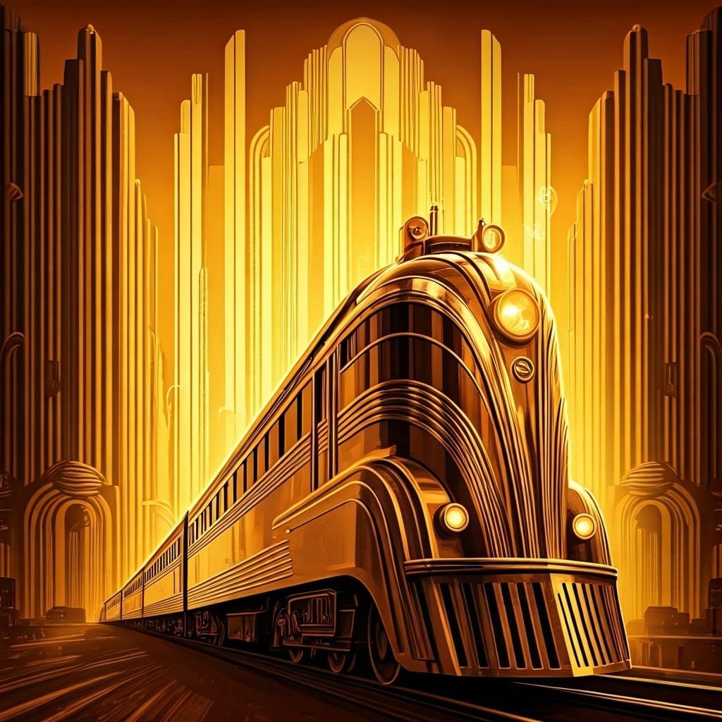 Art Deco Train Speeding Through Metropolis