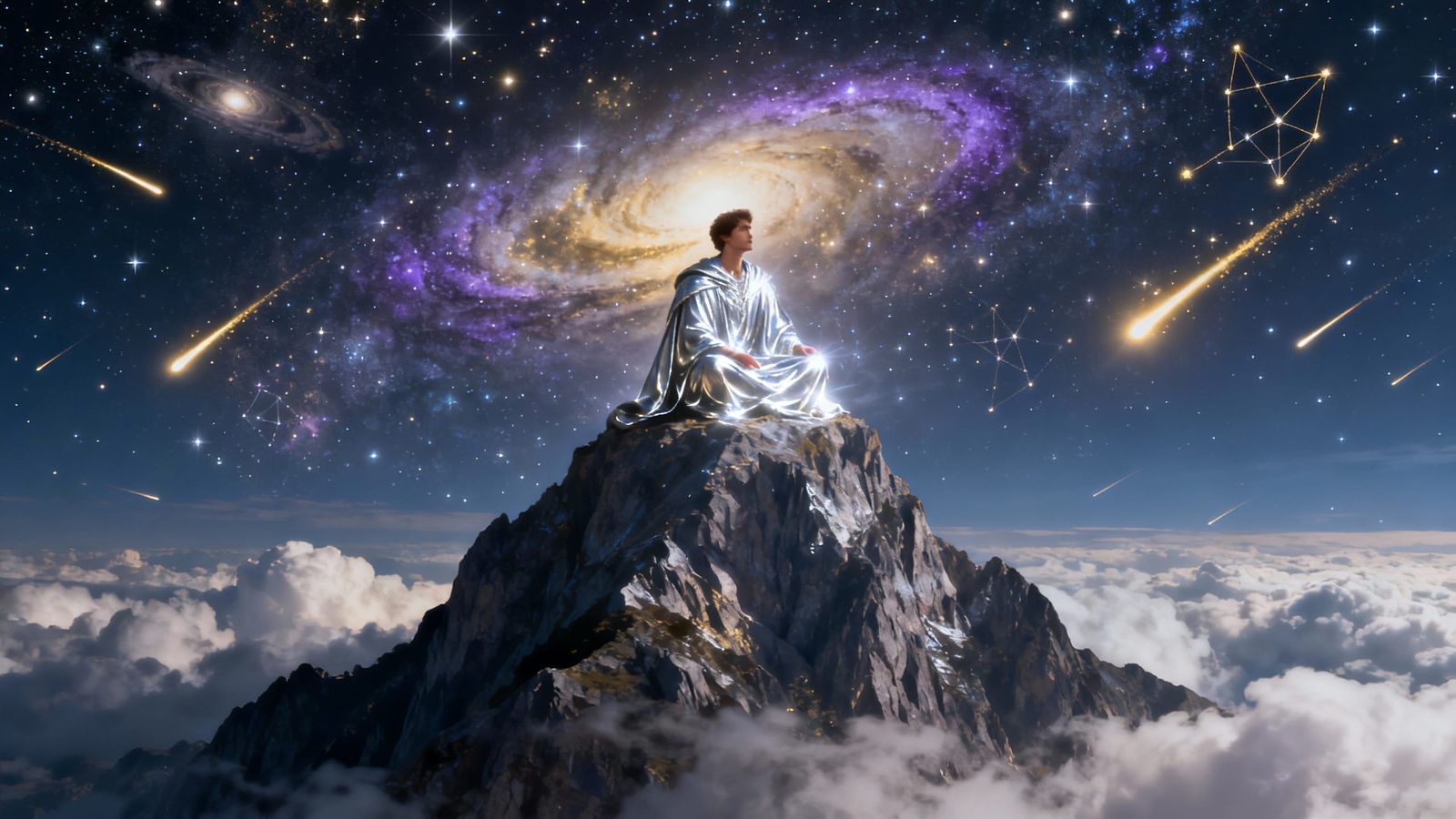 Man on Mountain Peak Above Clouds Under Starry Twilight