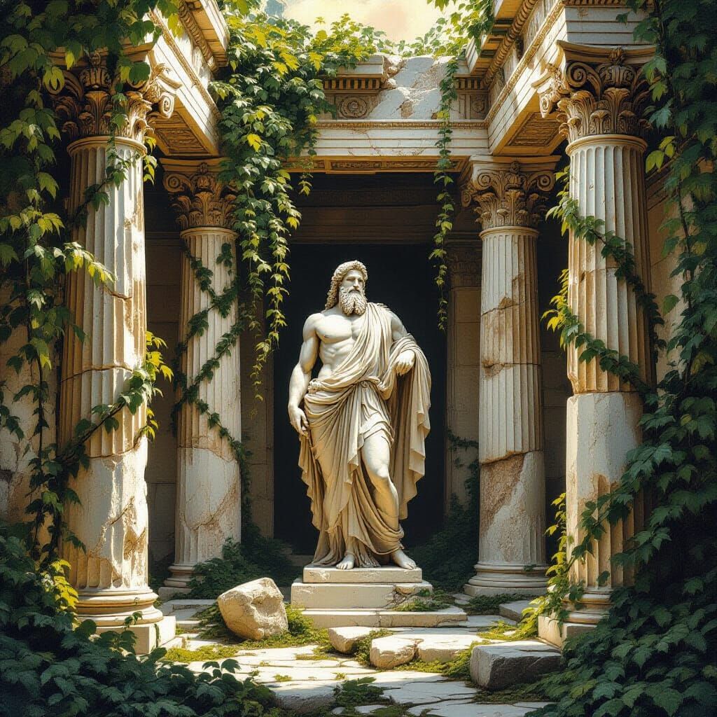 Ethereal Zeus at Ancient Greek Temple in Art Nouveau