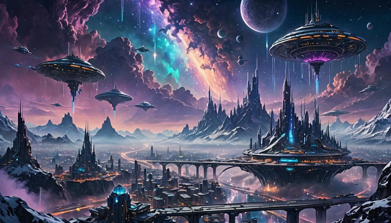 Cybro-Futuristic Cityscape Amidst Iridescent Nebulae