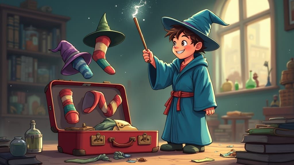 Young Wizard Magically Packs Suitcase in Animated Style