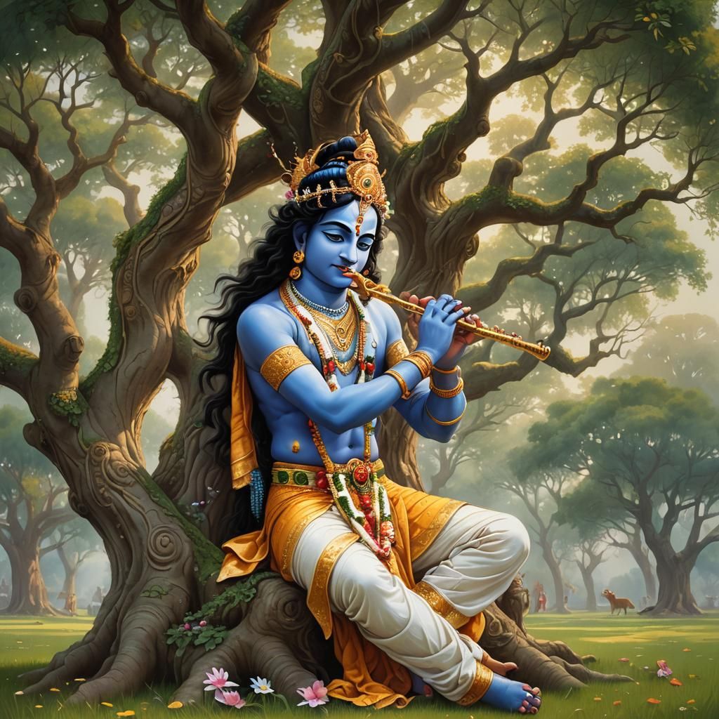 Krishna Playing Flute Under Tree with Cow