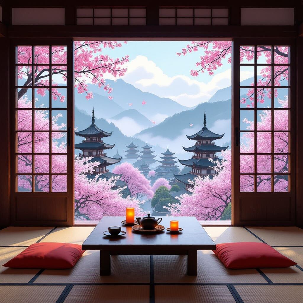Tranquil East Asian Room Overlooking Misty Mountains