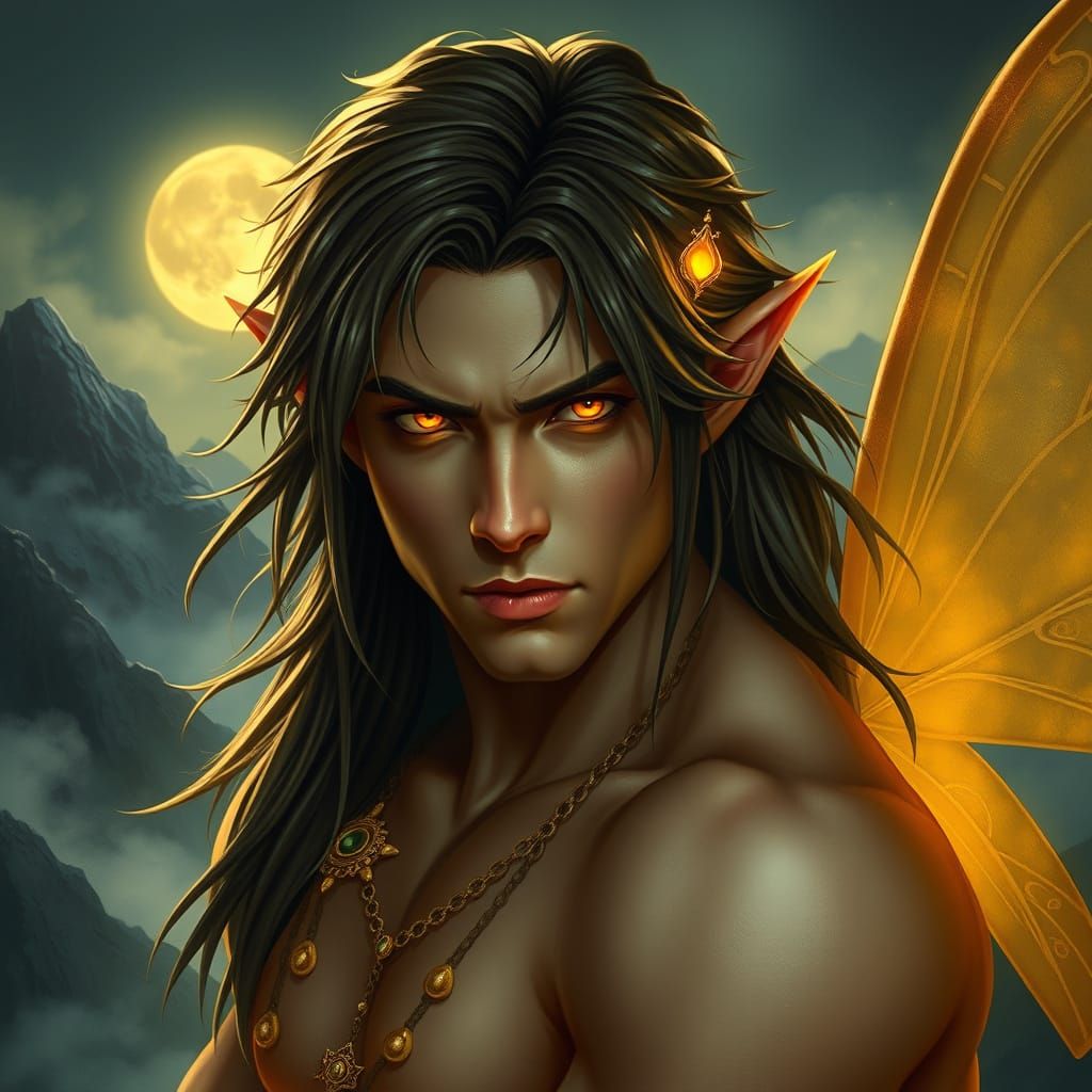 Chiseled Fairy in Moonlit Mountain Landscape