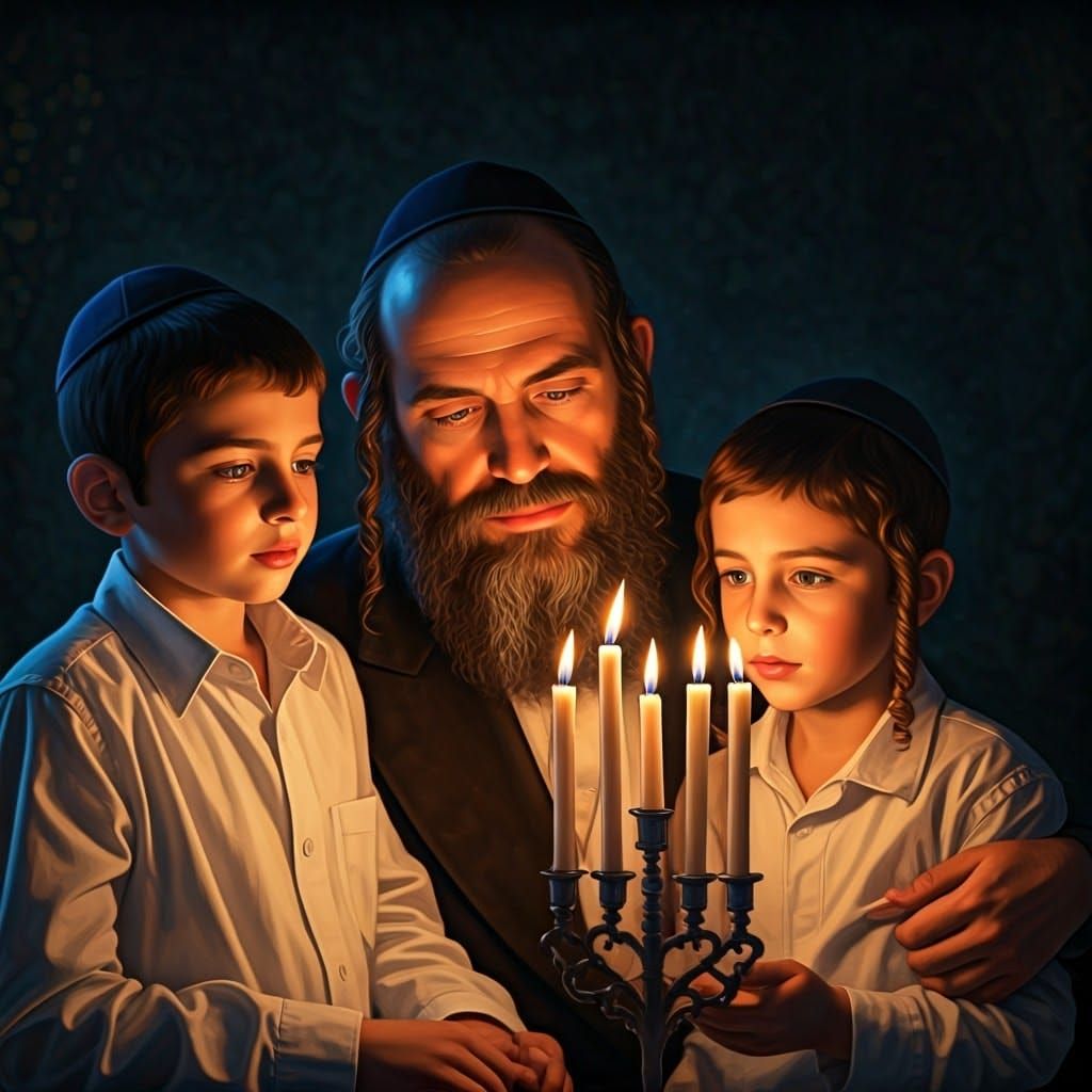 Orthodox Jewish Father Lights Hanukkah Candles with Children...