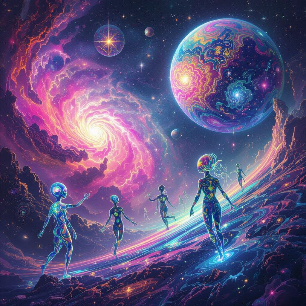 Psychedelic Cosmic Dreamscape with Alien Beings