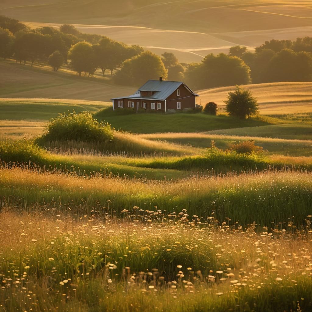 Idyllic Countryside Farmhouse in Golden Light