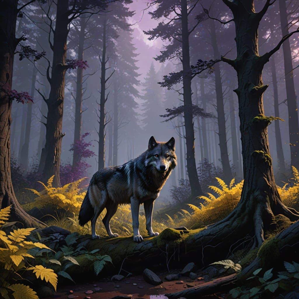 Grey Wolves in a Forest, Dark Fantasy Art