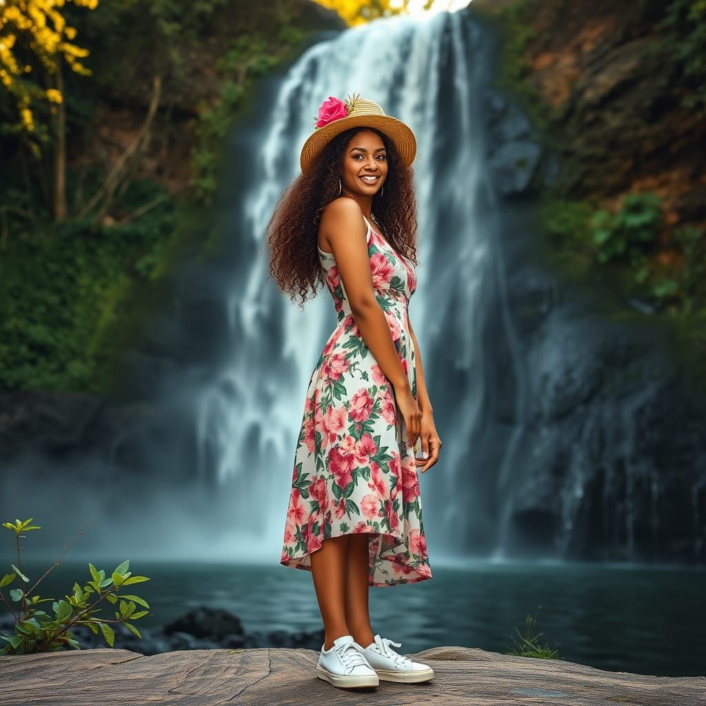 Ethereal Young Woman Amidst Waterfall